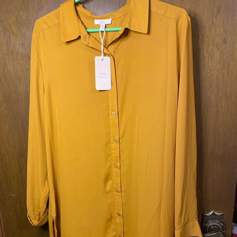 Mustard button down dress / tunic shirt by Como vintage, large